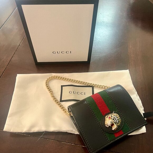 Gucci Rajah Leather Card Case Chain Wallet - New - Picture 1 of 9